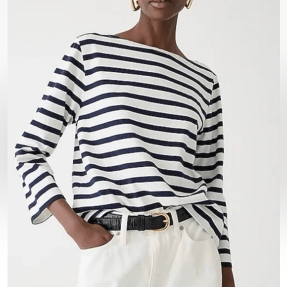 J. Crew Tops - J Crew women boatneck white shirt black navy stripe size M Cotton 3/4 sleeve